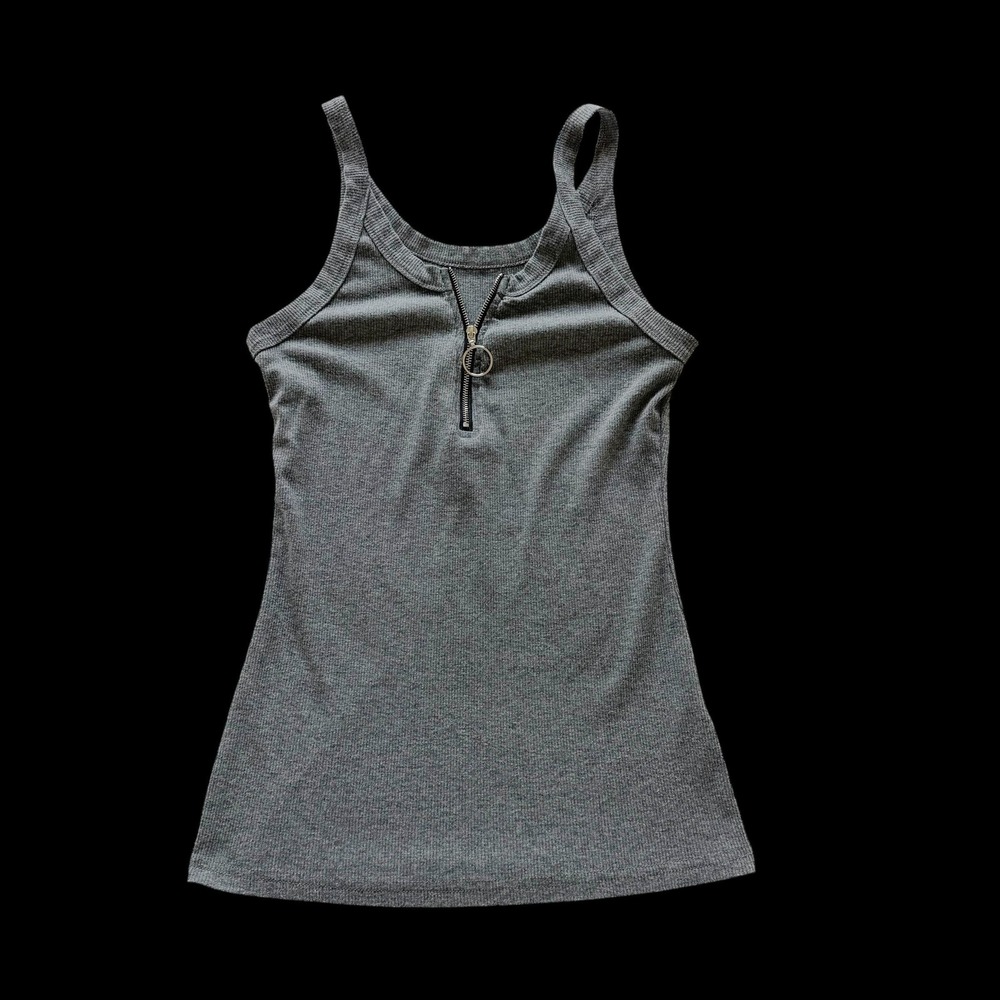 Y2K Mcbling Gray Ribbed Knit Quarter Zip Tank Top Ring Pull Sleeveless Small